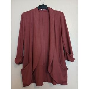 French Mauve Blazer Large Melanie Knit Open Front Boho Pockets Layers Relaxed